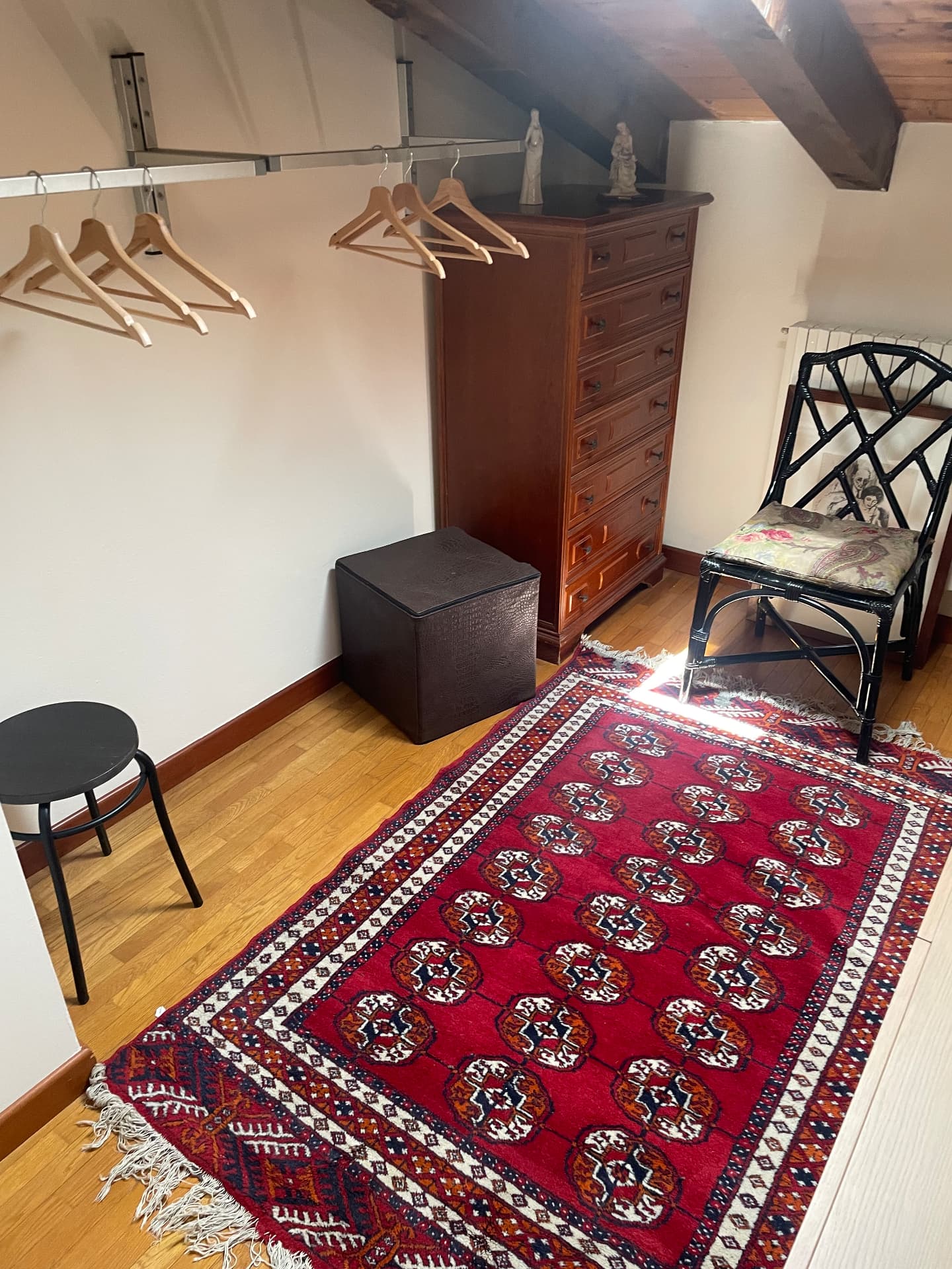 Walk-in closet with hanging rail, wooden chest of drawers and a red patterned rug